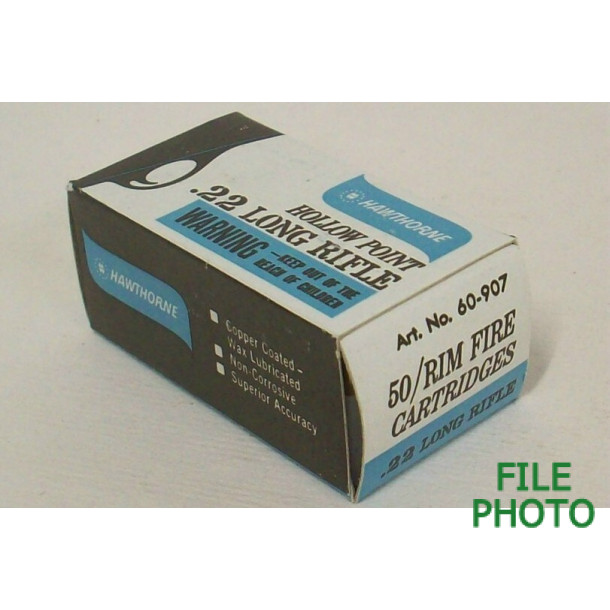Montgomery Ward Hawthorne Box of 22 LR Ammunition - Hollow Point Montgomery Ward Hawthorne Box of 22 LR Ammunition - Hollow Point