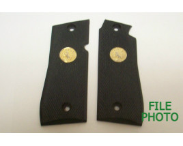 Grip Panels - Checkered Black Synthetic - w/ Gold Colored Medallions - Original