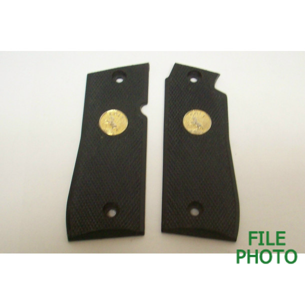 Grip Panels - Checkered Black Synthetic - w/ Gold Colored Medallions - Original