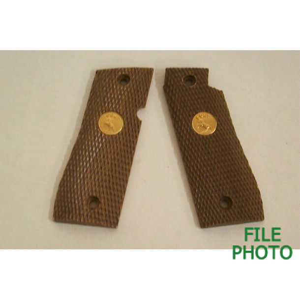 Grip Panels - Checkered Walnut - w/ Gold Colored Medallions - Original