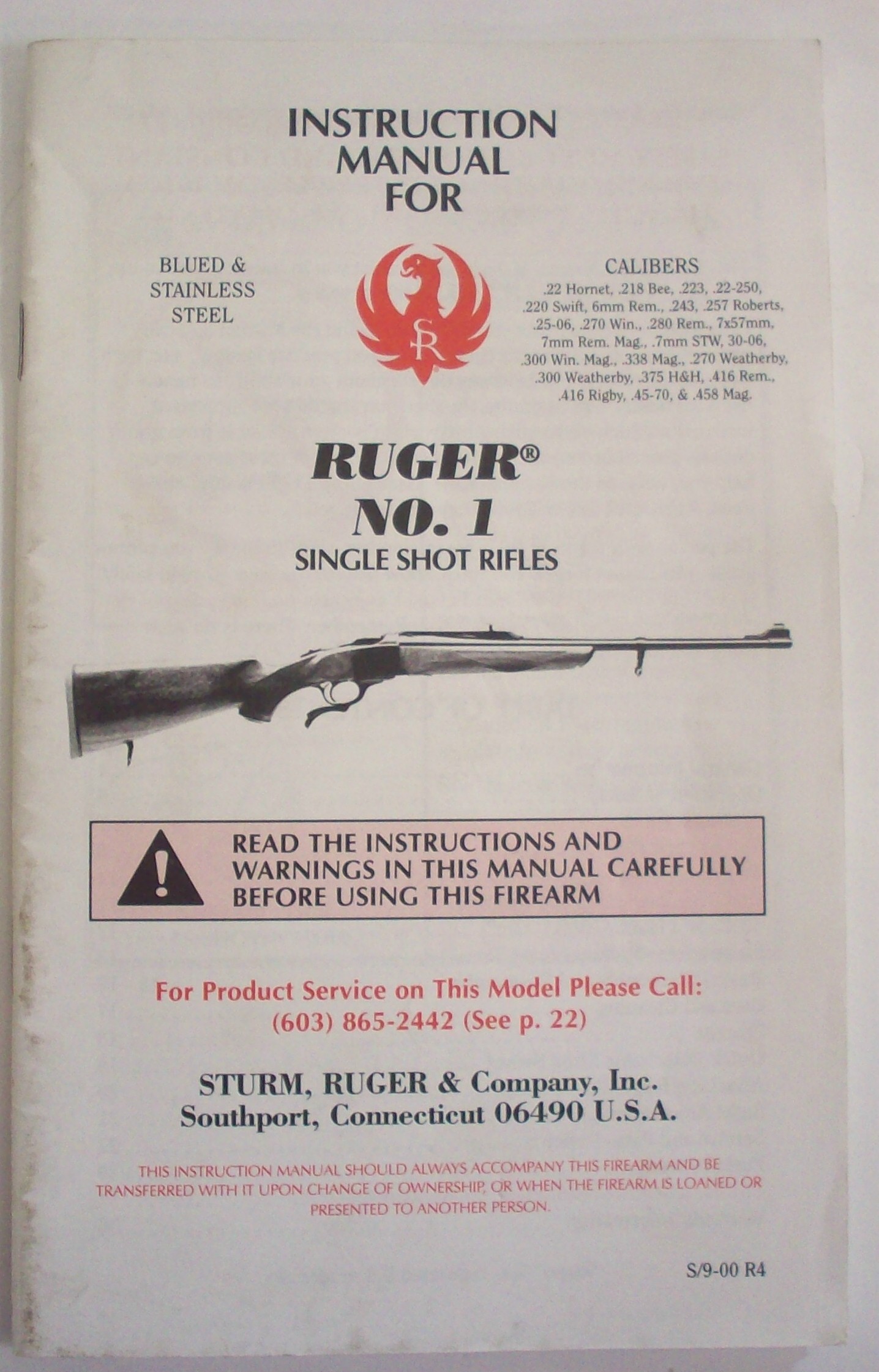 1 Single Shot Rifle Factory Original Owners Manual Ruger No