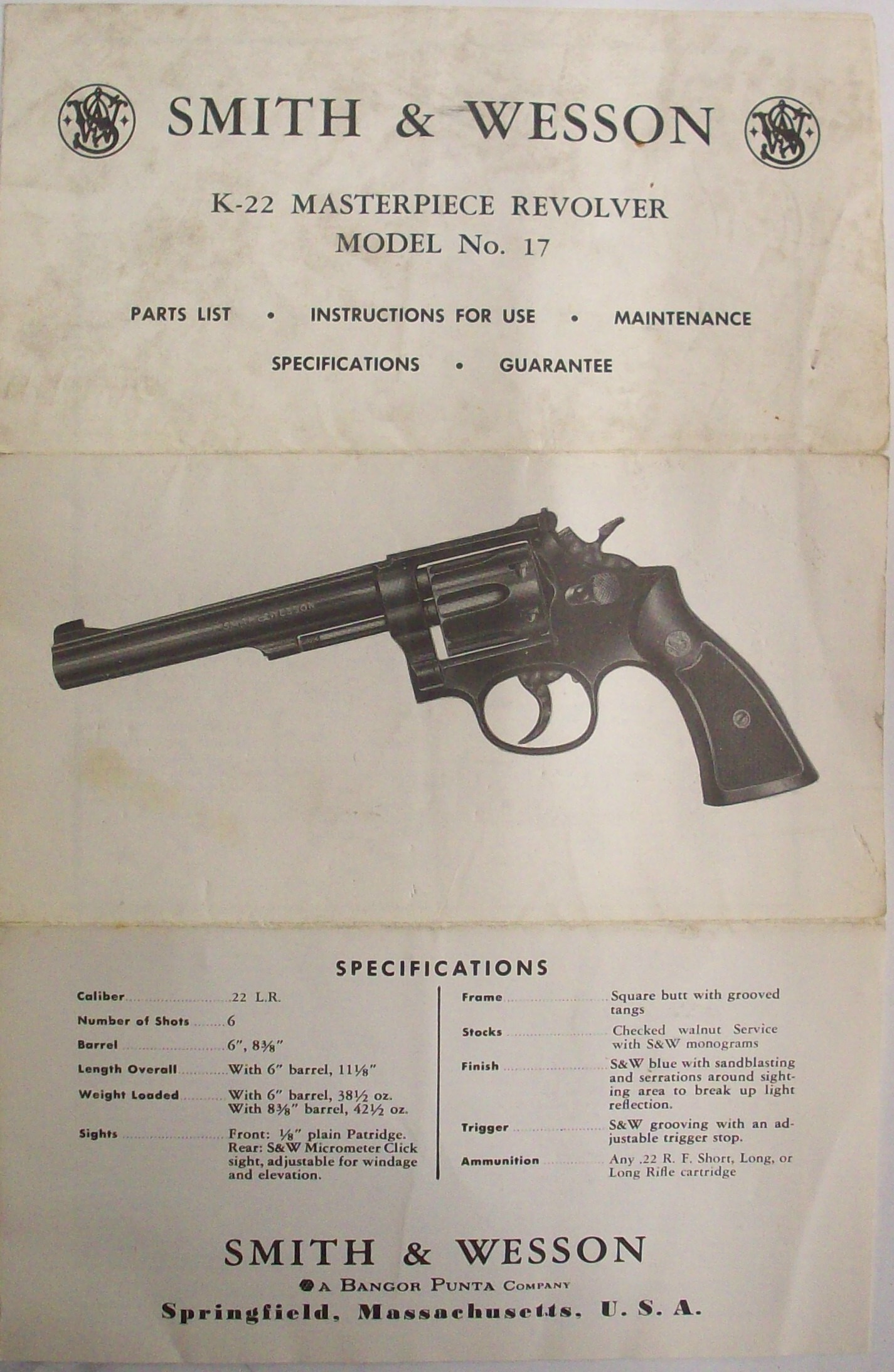 Smith & Wesson Model 17 K-22 Revolver Parts Use & Maintenance Manual 