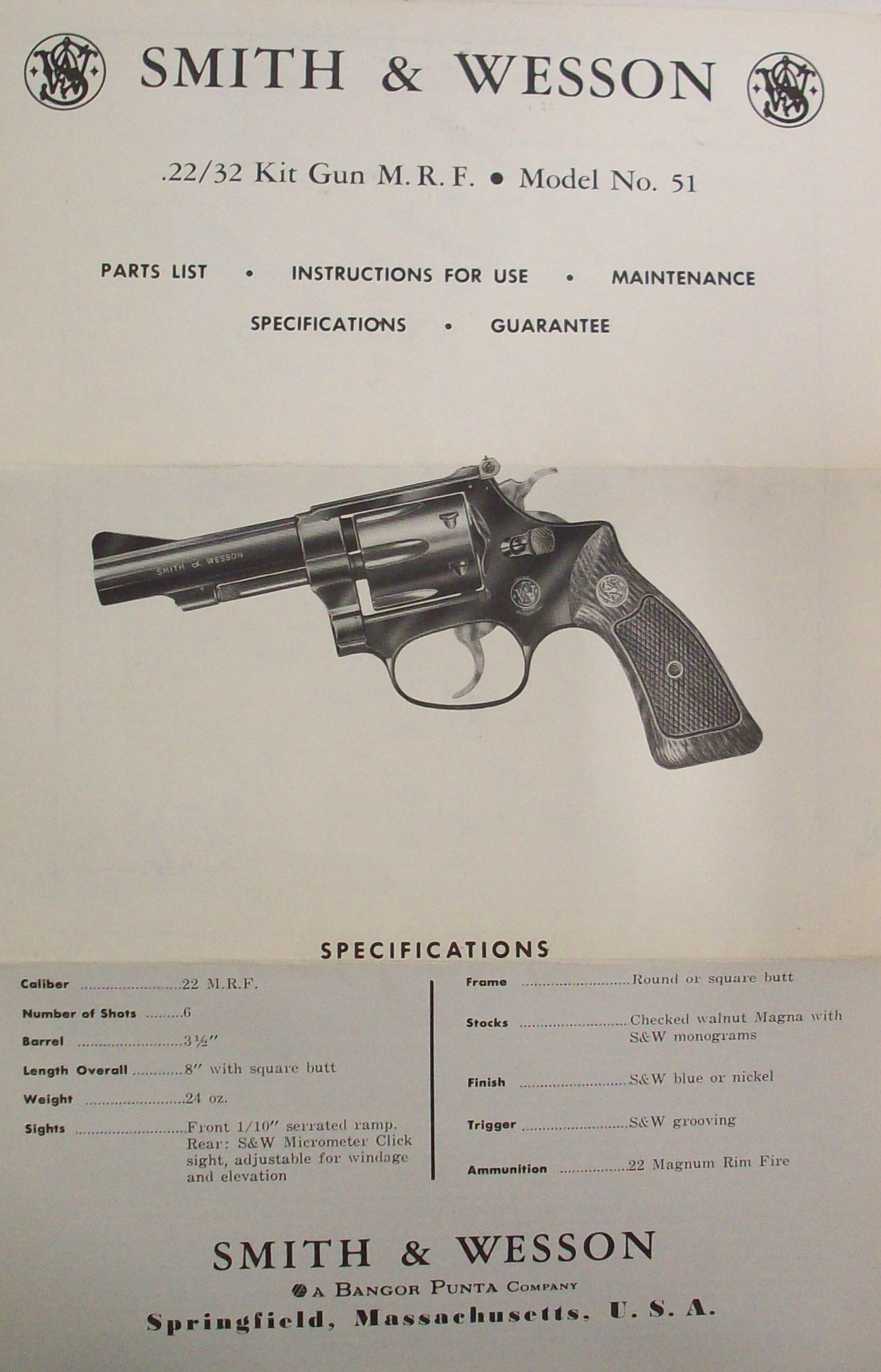 REVOLVER Pistol MODEL 51 Gun Manual SMITH & WESSON .22/32 Kit Gun M.R.F 